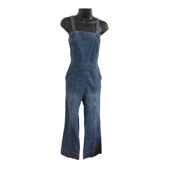 Sincerely Jules blue jeans denim faded medium wash smocked jumpsuit size Small - Picture 14 of 17